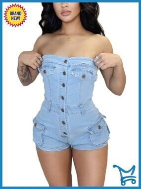 Women's Tube Denim Romper Bodycon Strapless Backless Jumpsuit Summer Stretch